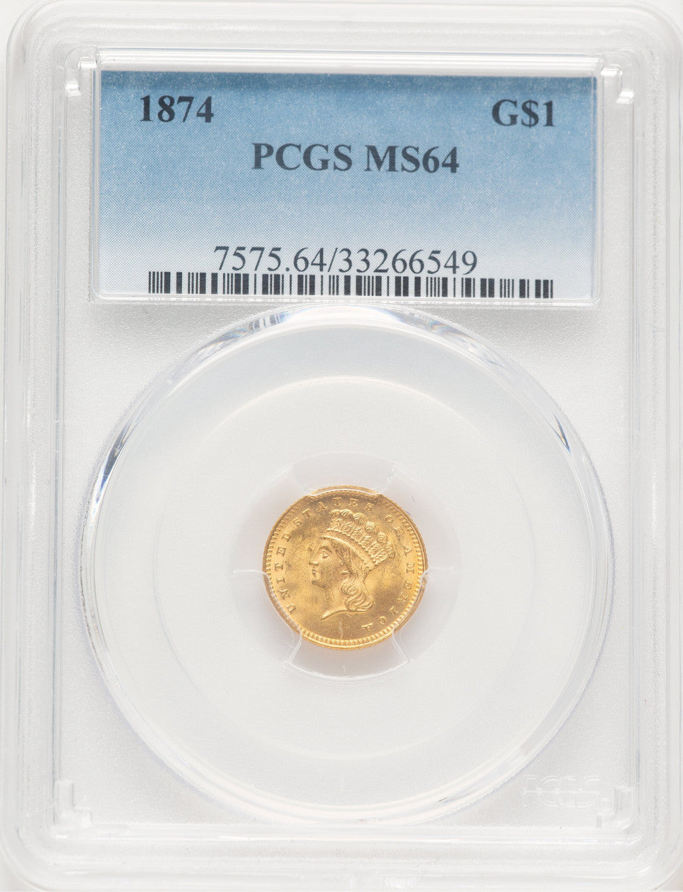 1874 G$1 Gold Dollar PCGS MS64 (778418001)