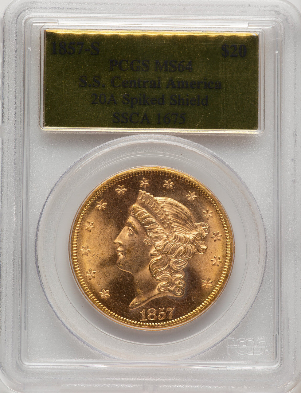 1857-S $20 Spike Shld Liberty Double Eagle PCGS MS64