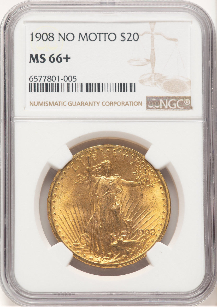 1908 $20 NO MOTTO Saint-Gaudens Double Eagle NGC MS66+ (778487001)