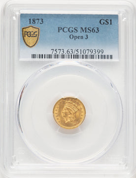 1873 G$1 OPEN 3 Gold Dollar PCGS MS63
