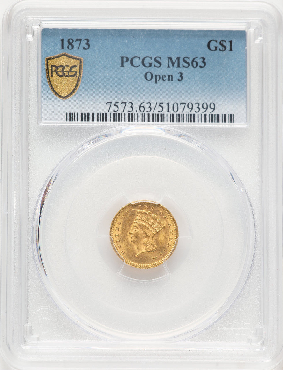 1873 G$1 OPEN 3 Gold Dollar PCGS MS63