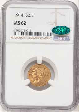 1914 $2.50 CAC Brown Label Indian Quarter Eagle NGC MS62