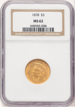 1878 $3 Three Dollar Gold Pieces NGC MS62 (778593001)