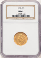 1878 $3 Three Dollar Gold Pieces NGC MS62 (778593001)