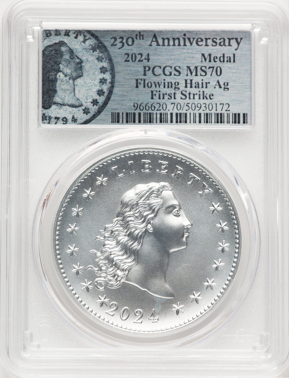 2024-(P) Silver 230th Anniversary Flowing Hair Medal PCGS MS70