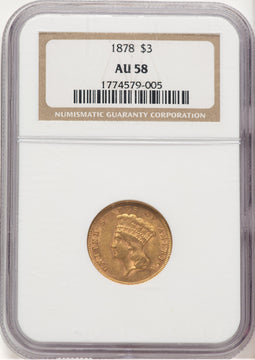 1878 $3 Three Dollar Gold Pieces NGC AU58