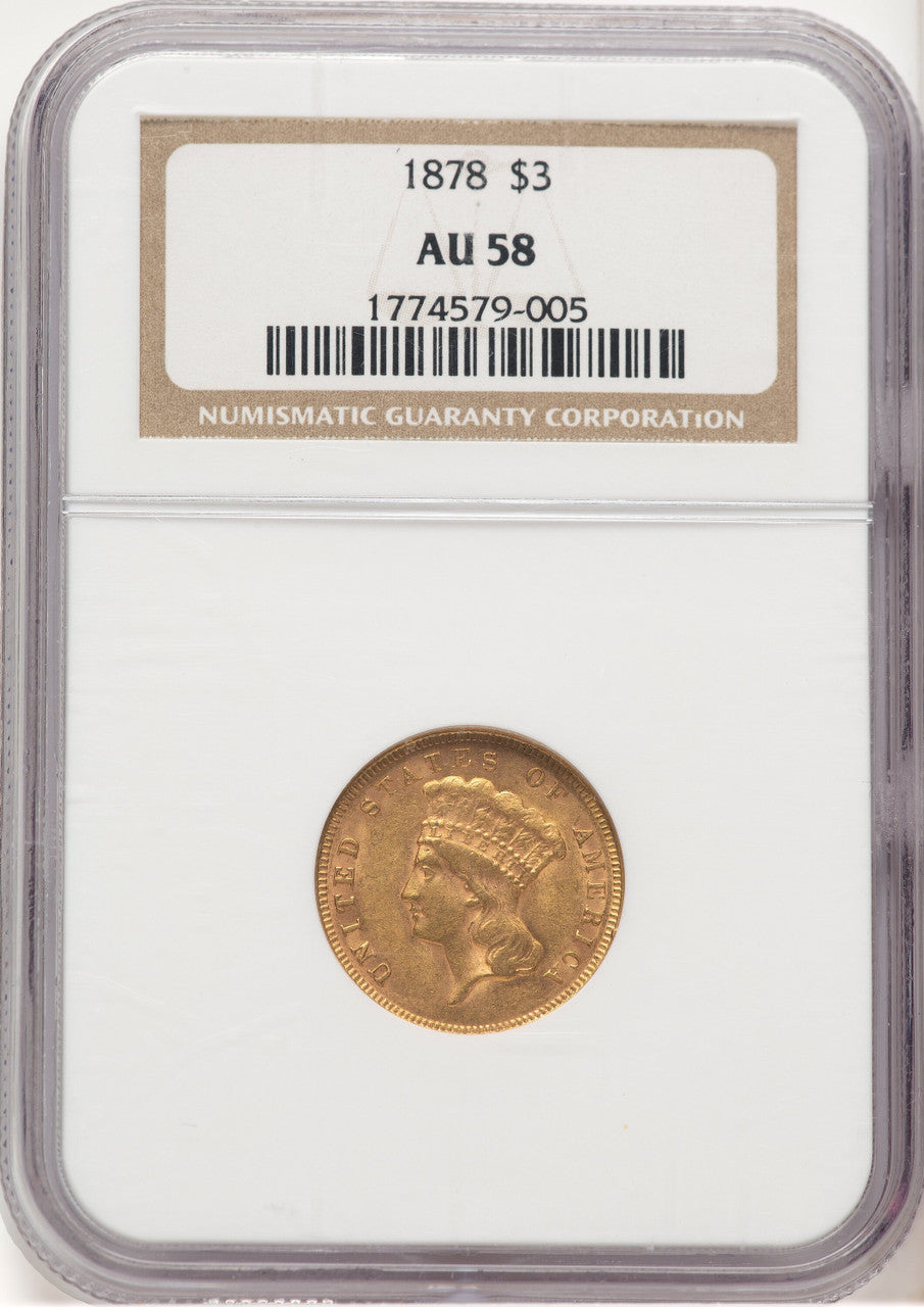 1878 $3 Three Dollar Gold Pieces NGC AU58