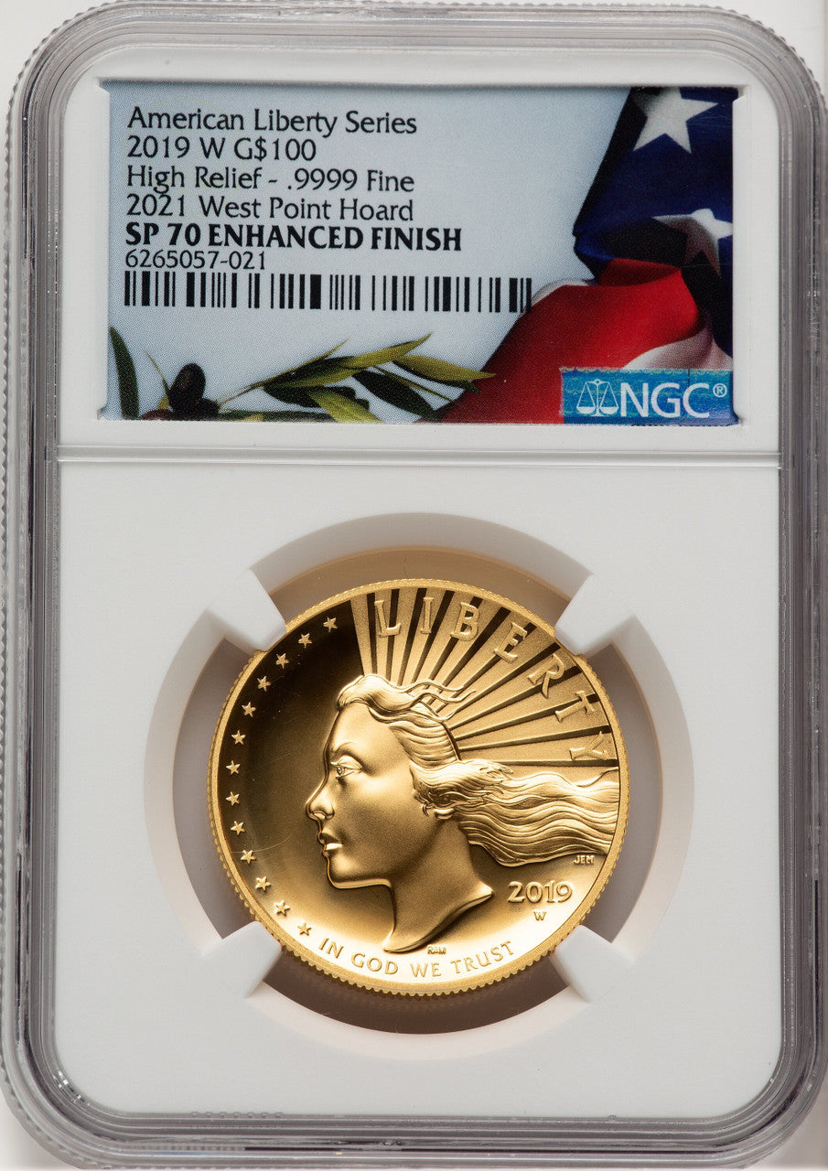 2019-W G$100 American Liberty High Relief Enhanced 2021 West Point Mint Hoard Bunting Flag NGC MS70