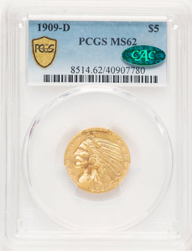 1909-D $5 CAC Indian Half Eagle PCGS MS62