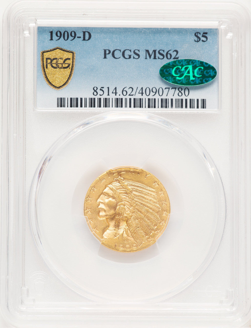 1909-D $5 CAC Indian Half Eagle PCGS MS62