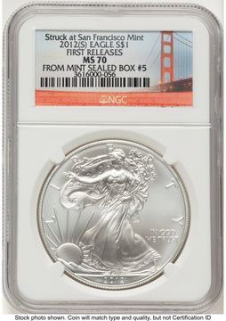 2012-(S) Silver Eagle FR San Francisco Bridge Label NGC MS70
