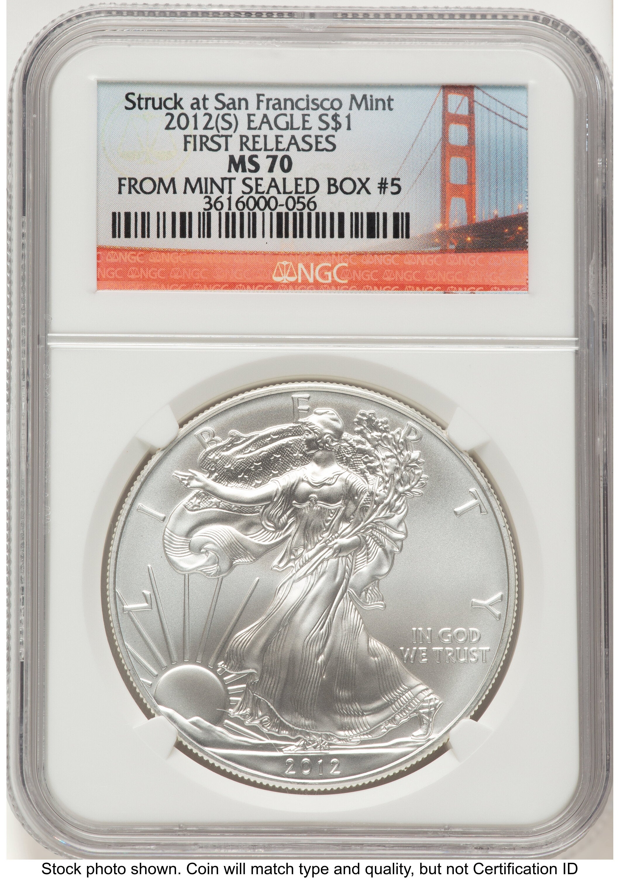 2012-(S) Silver Eagle FR San Francisco Bridge Label NGC MS70
