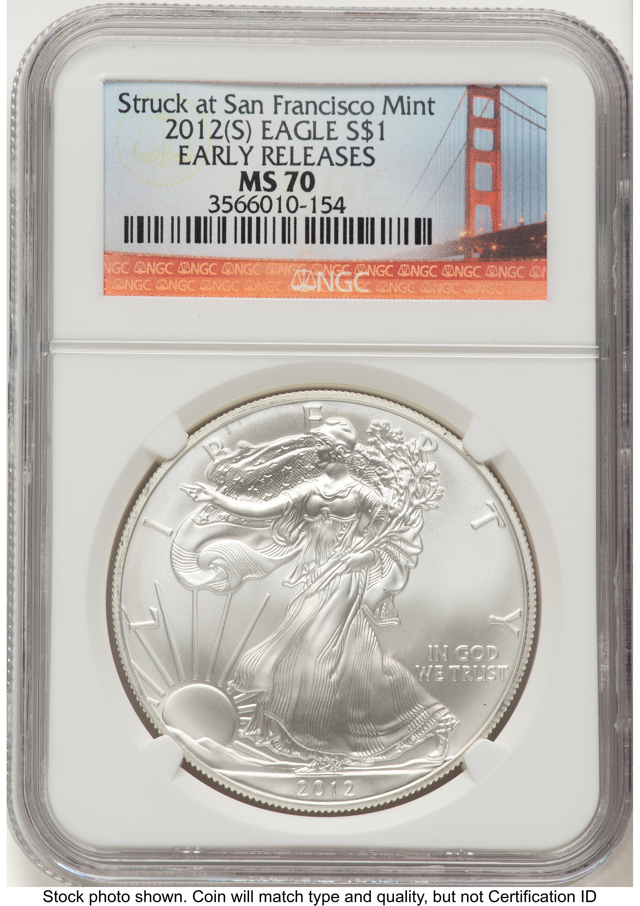 2012-(S) Silver Eagle ER San Francisco Bridge Label NGC MS70