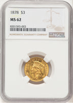 1878 $3 Three Dollar Gold Pieces NGC MS62 (778842166)
