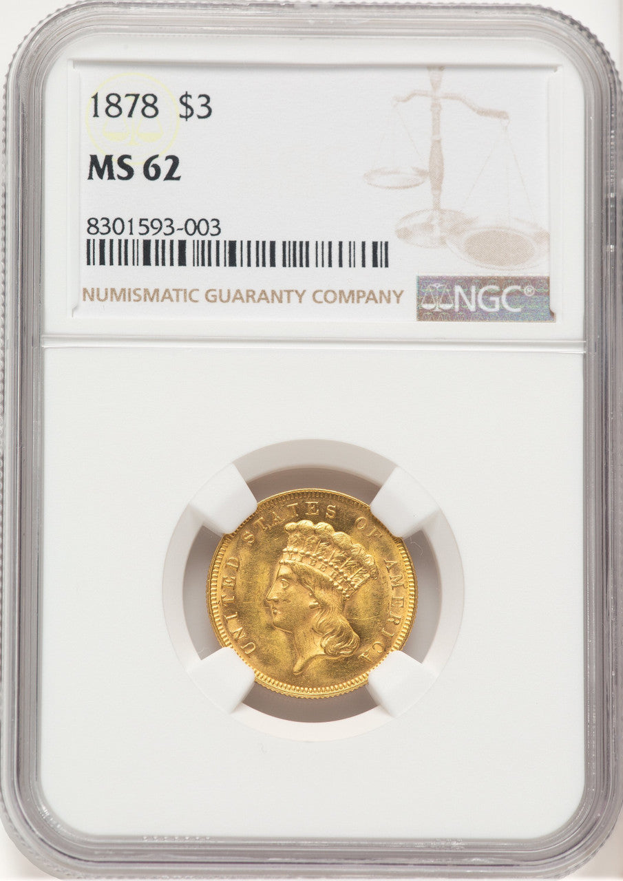 1878 $3 Three Dollar Gold Pieces NGC MS62 (778842166)