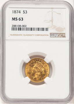1874 $3 Three Dollar Gold Pieces NGC MS63 (778911003)