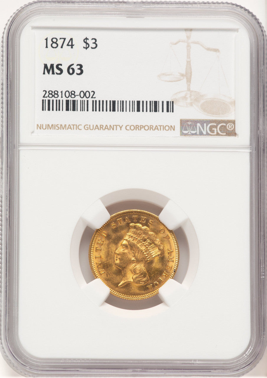 1874 $3 Three Dollar Gold Pieces NGC MS63 (778911003)