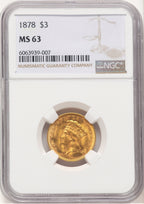 1878 $3 Three Dollar Gold Pieces NGC MS63 (778911004)