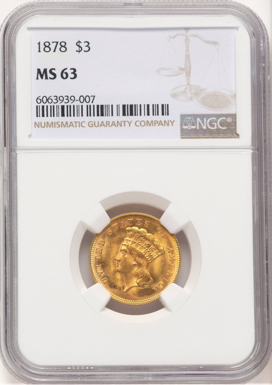 1878 $3 Three Dollar Gold Pieces NGC MS63 (778911004)