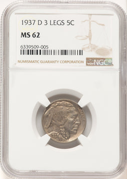 1937-D 5C Three-Legged FS-901 Buffalo Nickel NGC MS62