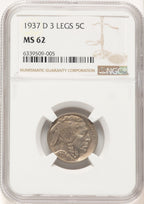 1937-D 5C Three-Legged FS-901 Buffalo Nickel NGC MS62