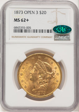 1873 $20 OPEN 3 CAC Liberty Double Eagle NGC MS62+ (778964003)