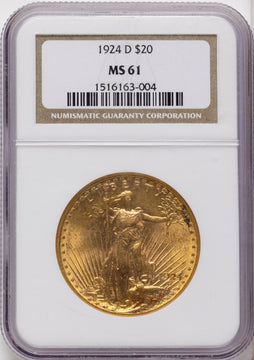 1924-D $20 Saint-Gaudens Double Eagle NGC MS61