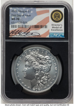 2021 6 Coin Morgan & Peace Dollar Set FDI Miles Standish NGC MS70