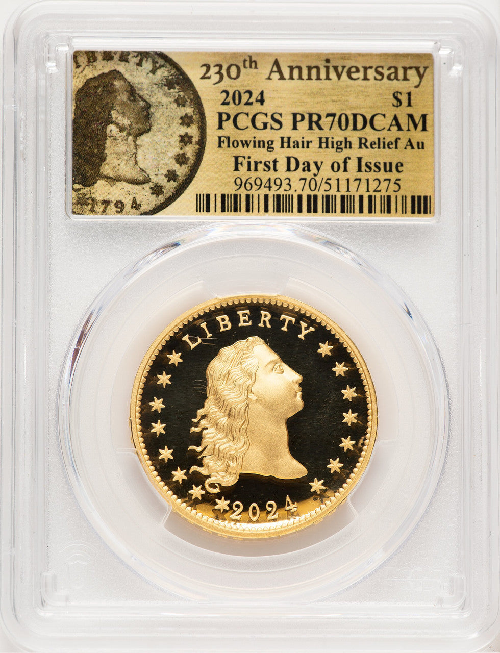 2024-(W) Gold 230th Anniversary Flowing Hair PCGS MS70 FDI
