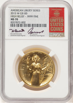 2015-W G$100 American Liberty High Relief Kenneth Bressett/Jeff Garrett Red Book NGC MS70