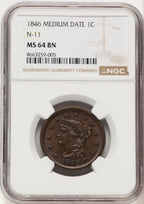 1846 1C Medium Date N-11 BN Large Cent NGC MS64