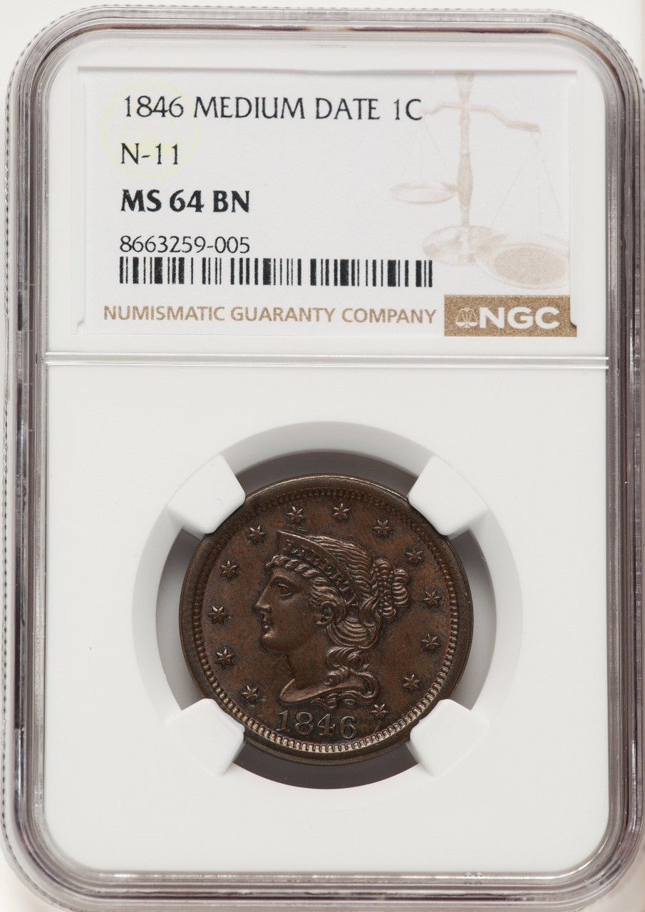 1846 1C Medium Date N-11 BN Large Cent NGC MS64