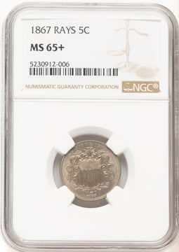 1867 5C RAYS Shield Nickel NGC MS65+