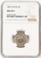 1867 5C RAYS Shield Nickel NGC MS65+