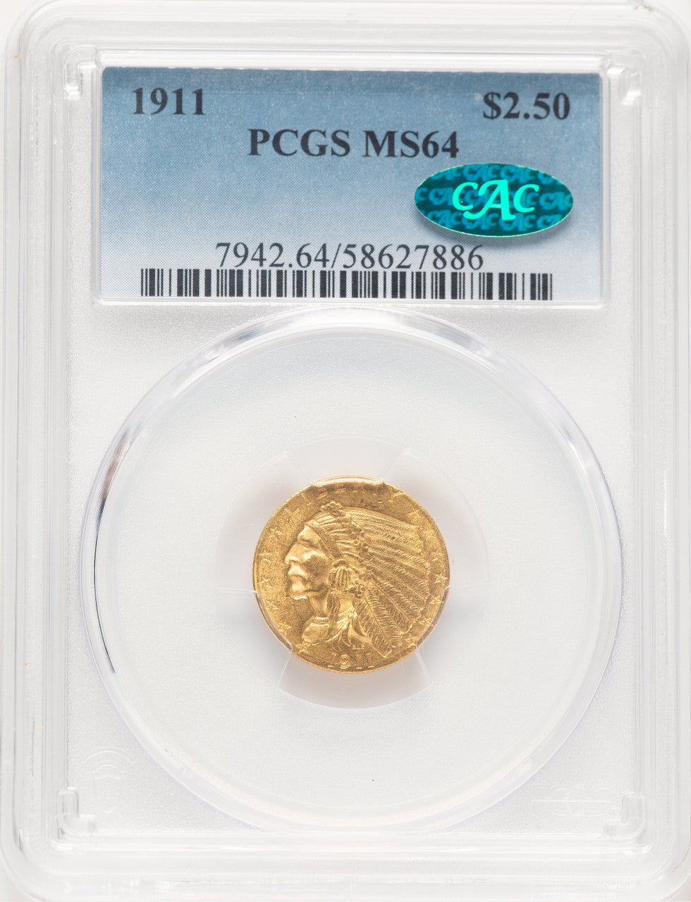 1911 $2.50 CAC Indian Quarter Eagle PCGS MS64