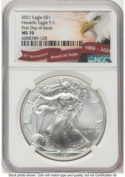 2021 Silver Eagle Type 1 FDI Eagle Ribbon Label NGC MS70