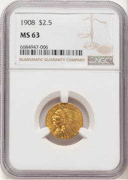 1908 $2.50 Brown Label Indian Quarter Eagle NGC MS63