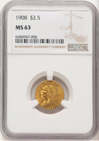 1908 $2.50 Brown Label Indian Quarter Eagle NGC MS63