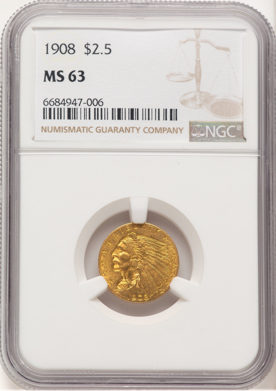1908 $2.50 Brown Label Indian Quarter Eagle NGC MS63