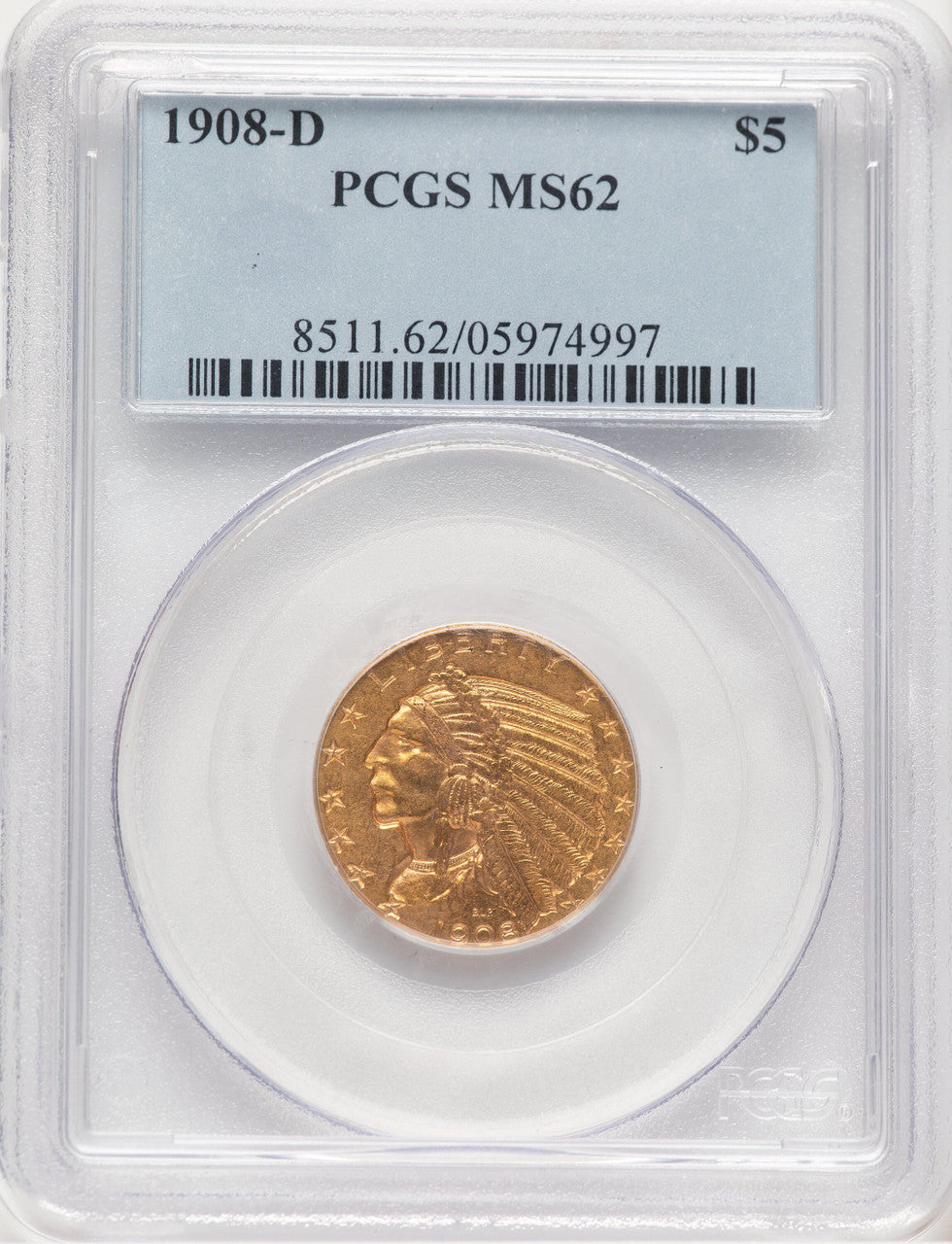 1908-D $5 Indian Half Eagle PCGS MS62 (779143030)