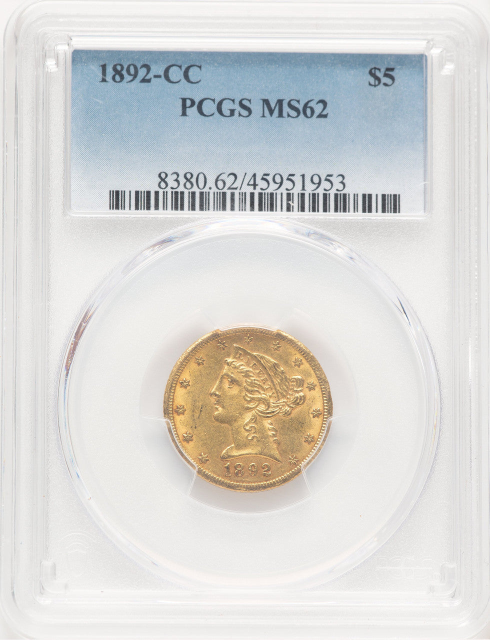 1892-CC $5 Liberty Half Eagle PCGS MS62 (779159001)
