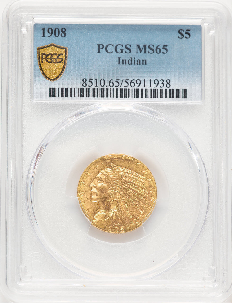 1908 $5 Indian Indian Half Eagle PCGS MS65 (779223001)