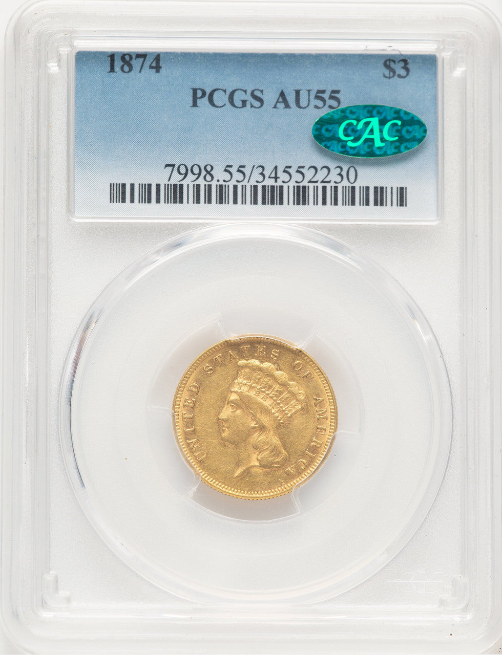 1874 $3 CAC Three Dollar Gold Pieces PCGS AU55