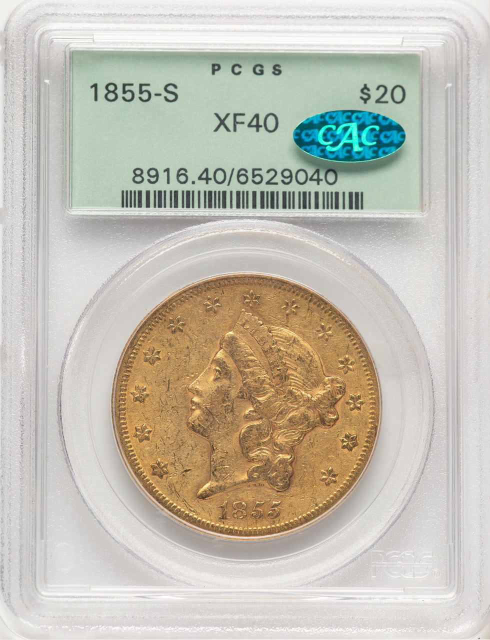 1855-S $20 CAC Liberty Double Eagle PCGS XF40