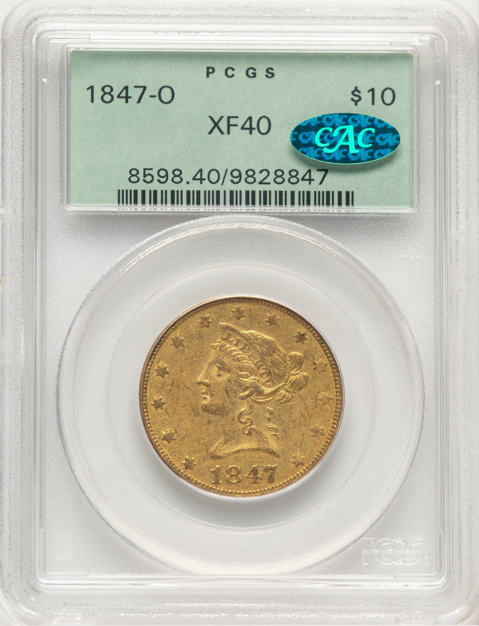 1847-O $10 CAC Liberty Eagle PCGS XF40 (779247014)