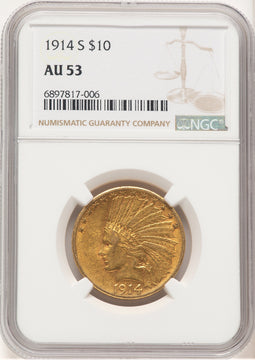 1914-S $10 Brown Label Indian Eagle NGC AU53