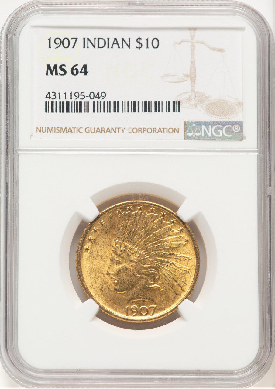 1907 $10 No Motto Brown Label Indian Eagle NGC MS64