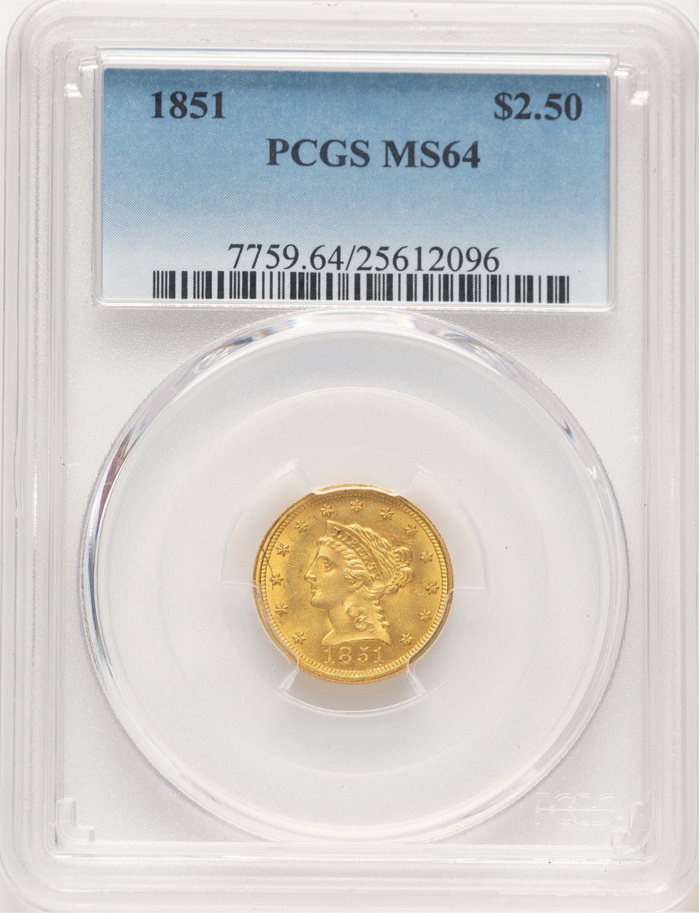 1851 $2.50 Blue Gradient Liberty Quarter Eagle PCGS MS64