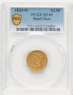 1843-O $2.50 Small Date Crosslet 4 Blue Gradient Liberty Quarter Eagle PCGS XF45