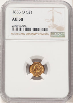 1853-O G$1 Brown Label Gold Dollar NGC AU58